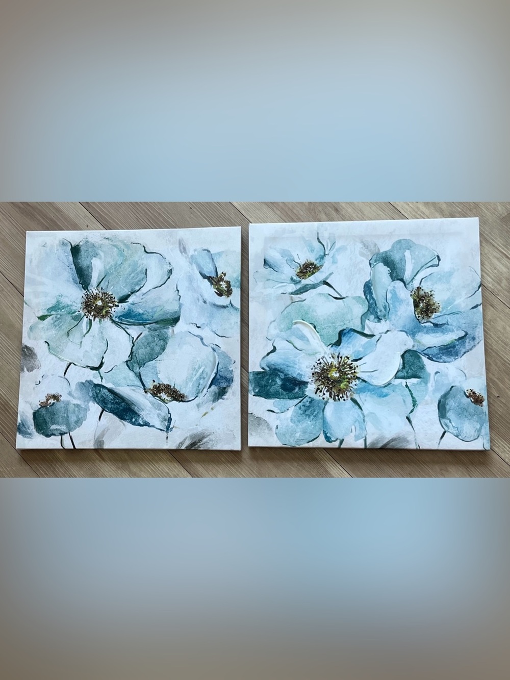 (2) Interiors by Design Canvas Blue Floral Matching Art Prints Set 12x12